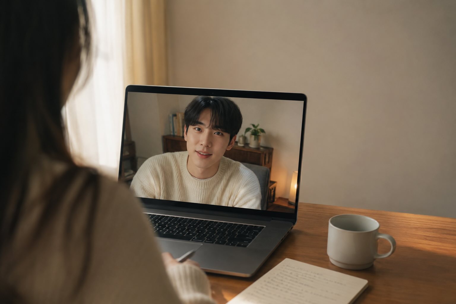 A Korean tutor on a video call giving a learner their full attention.